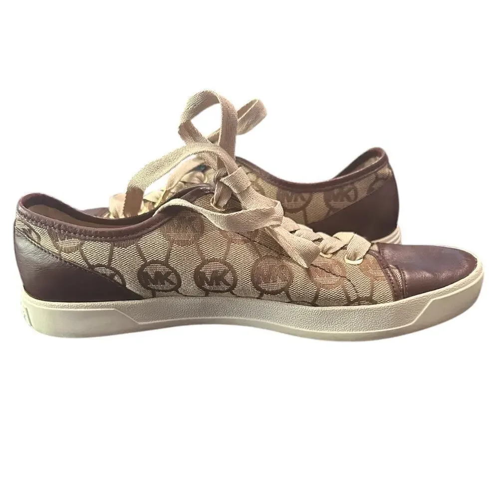 Michael Kors Logo Lace-Up Sneakers Brown Monogram Canvas Size 8M